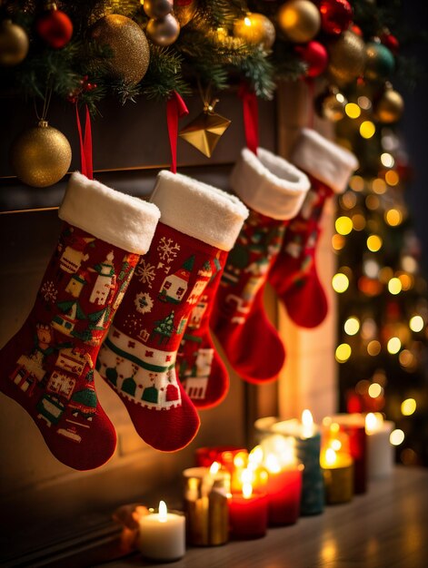 Christmas stocking on the background of a fireplace and a Christmas tree