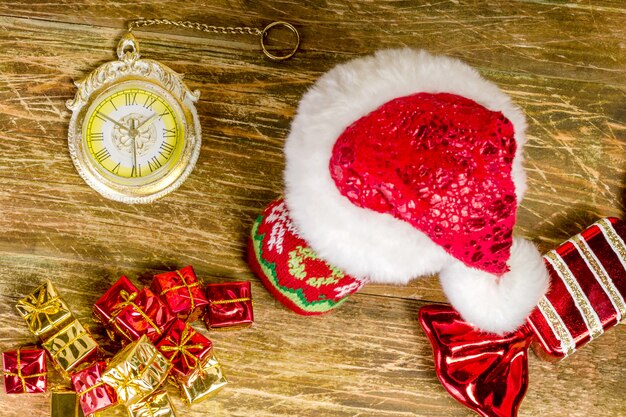 Christmas stocking, covered with Santa's cap.