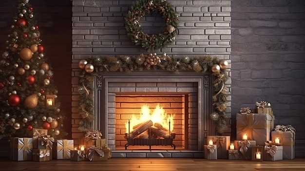 Christmas Stocking on Fireplace decorated for Christmas and New year Generative ai