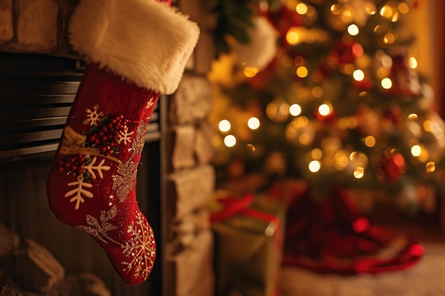 Рождественский чулка, висящая на камине рядом с рождественской елкой Крупный снимок рождественского чулки, висящей у камина, сгенерированный ИИ