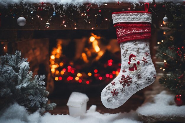 冬のクリスマスの背景に雪の花びらがある雪の環境でクリスマスのストッキング