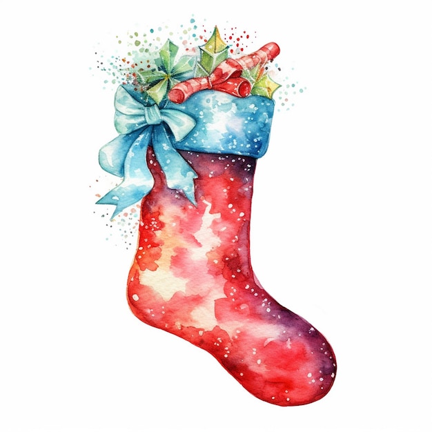 a christmas stocking that is painted in watercolor.