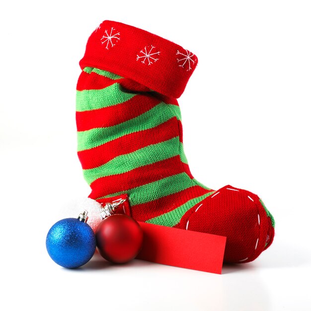 Christmas Stocking With Card And Balls isolated