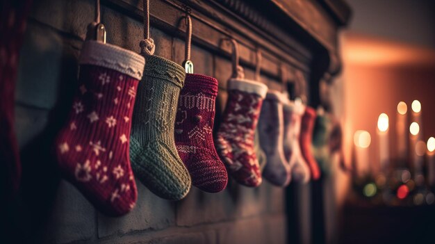 Christmas stockings hanging on a christmas tree in front of a fireplacegenerative ai