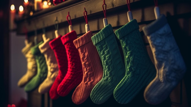 Foto calze di natale appese a un albero di natale davanti a un caminogenerativo ai