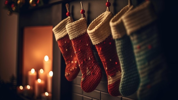 Christmas stockings hanging on a christmas tree in front of a fireplacegenerative ai