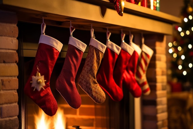 Christmas stockings hanging over a cosy fireplace on christmas eve