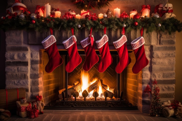 Christmas stockings hanging over a cosy fireplace on christmas eve