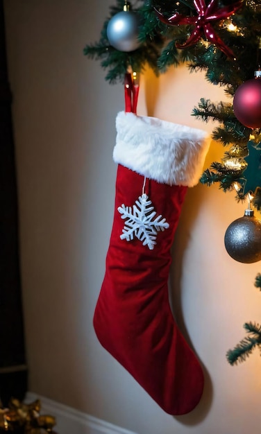 Christmas Stockings Hanging In A DimlyLit Room