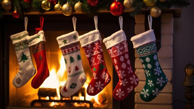 Christmas stockings hanging on a fireplace Festive cosy holiday background