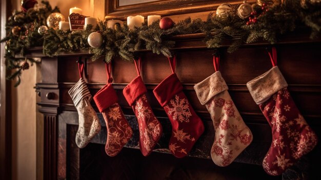 Christmas stockings hanging on a fireplace with a christmas tree in the background
