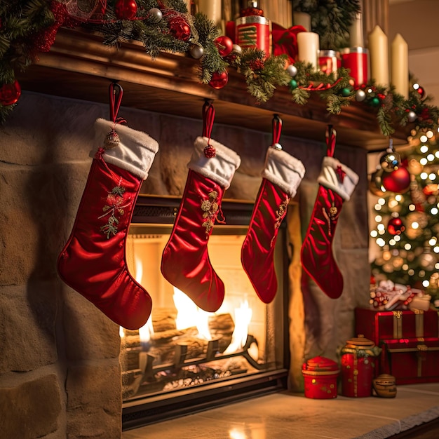 Фото Рождественские чулки с камином в интерьере праздничного помещения иллюстрация рождественского дня