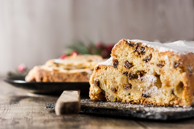 Christmas stollen fruit on wooden table