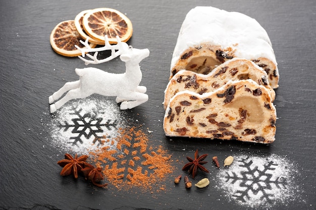 Christmas Stollen and spices Christmas background