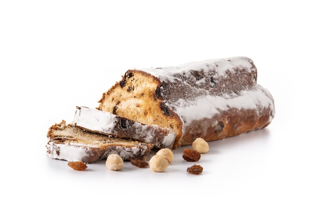 Christmas stollen. Traditional German Christmas dessert isolated on white background