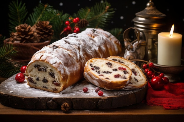 Christmas stollen with raisins and blueberries on a wooden background