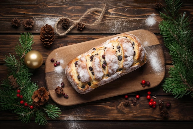 Christmas stollen with raisins and chocolate on a wooden background