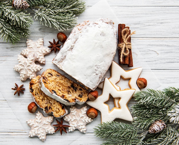 Christmas stollen on wooden background