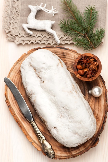 Christmas Stollen on a wooden board