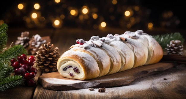 Foto un stollen di natale su una superficie di legno con baubles