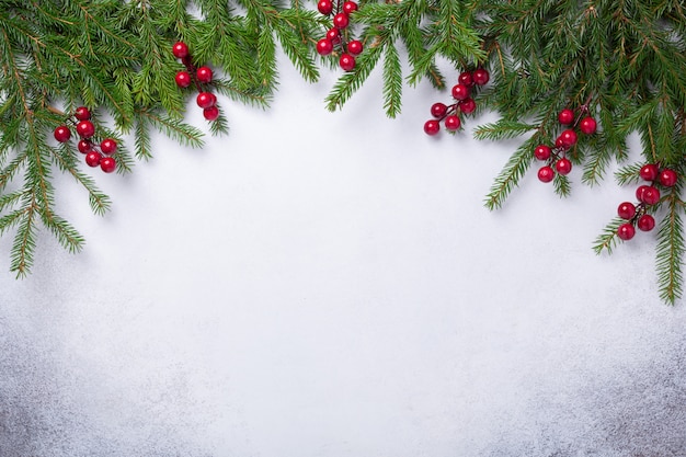 Christmas stone background with fir tree branch. Top view. Copy space - Image