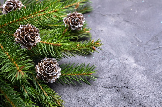 Christmas stone with branch of a fir tree and pine cones. top view