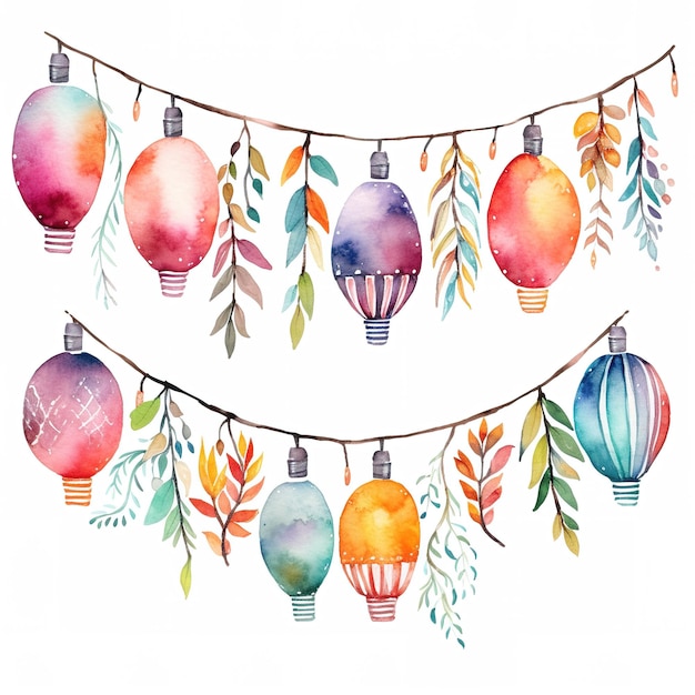 Photo christmas string lights watercolor clipart