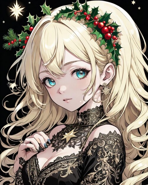 Christmas Style portrait of anime girl black background vanilla style