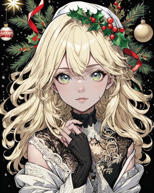 Christmas Style portrait of anime girl black background vanilla style