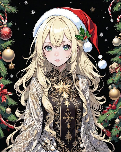 Christmas Style portrait of anime girl black background vanilla style