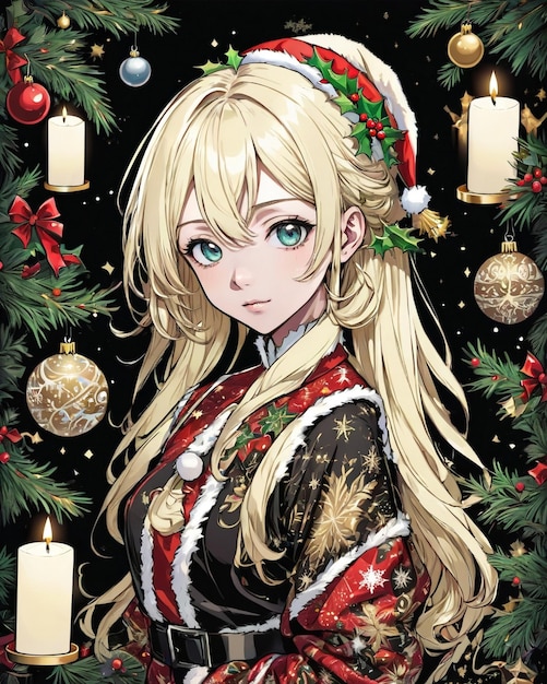 Рождественский портрет девушки аниме на черном фоне в ванильном стиле