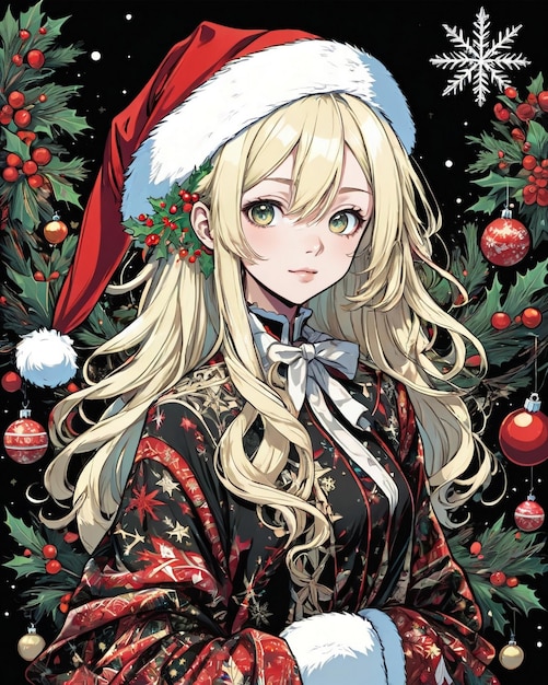 Christmas Style portrait of anime girl black background vanilla style