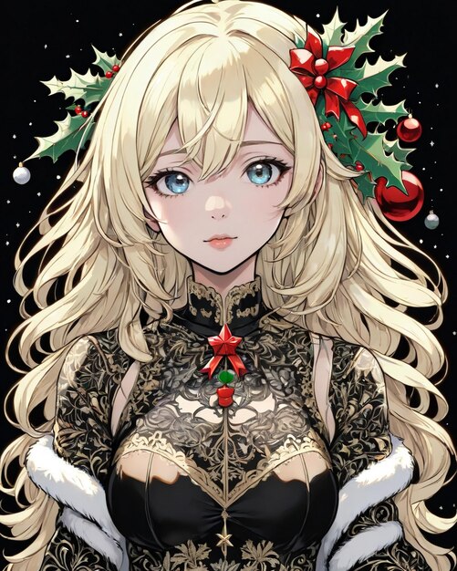 Christmas Style portrait of anime girl black background vanilla style