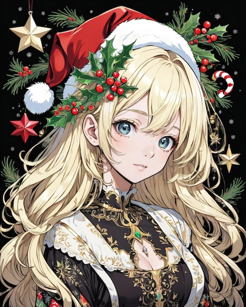 アニメの女の子のクリスマス スタイルのポートレート黒背景バニラ スタイル