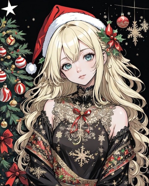 Christmas Style portrait of anime girl black background vanilla style