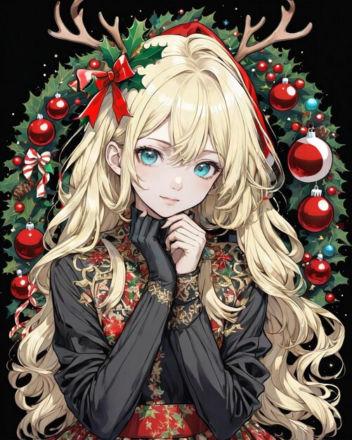 Photo christmas style portrait of anime girl black background vanilla style