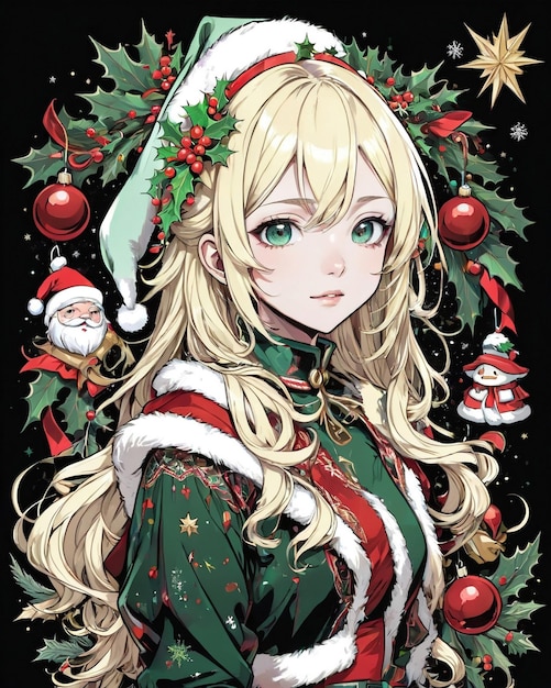 Christmas Style portrait of anime girl black background vanilla style