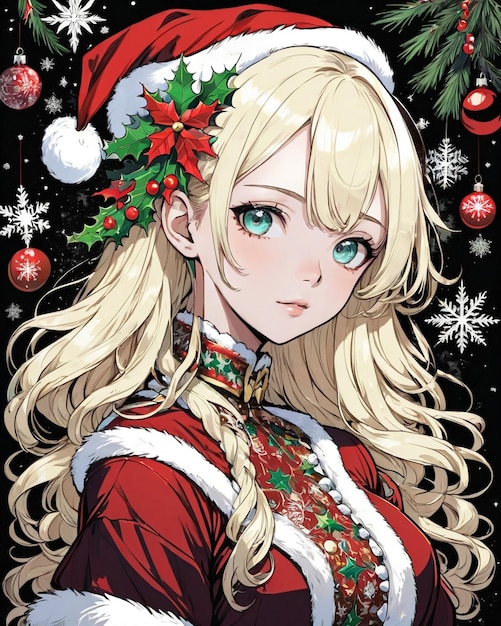 Рождественский портрет девушки аниме на черном фоне в ванильном стиле