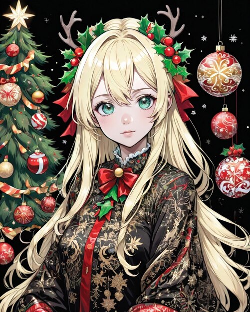 Christmas Style portrait of anime girl black background vanilla style