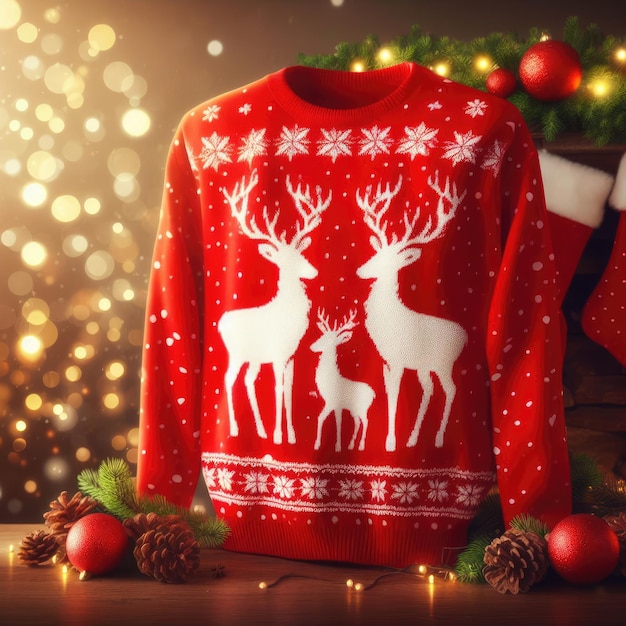 Christmas sweater with deer and candles christmas decoration background