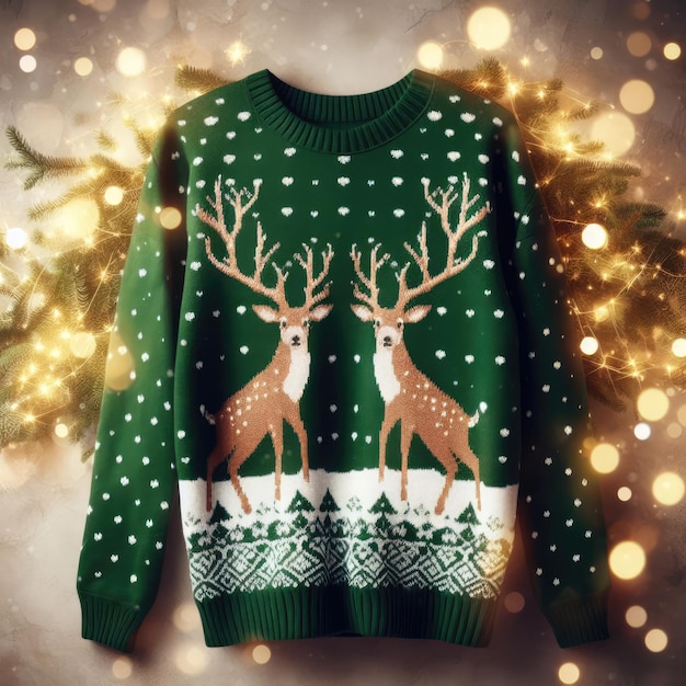 Christmas sweater with deer and candles christmas decoration background