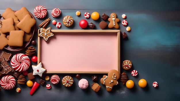 Christmas sweets gingerbread and candies banner top view sweet bar Generative AI