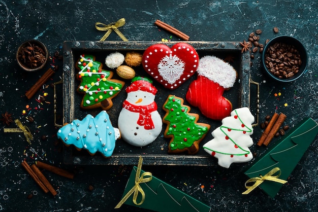 Christmas sweets gingerbread and candies Banner Top view Sweet bar