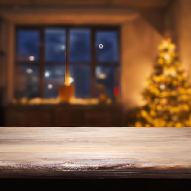 Christmas table blurred lights background, wood desk in focus, Xmas wooden plank, blur home room