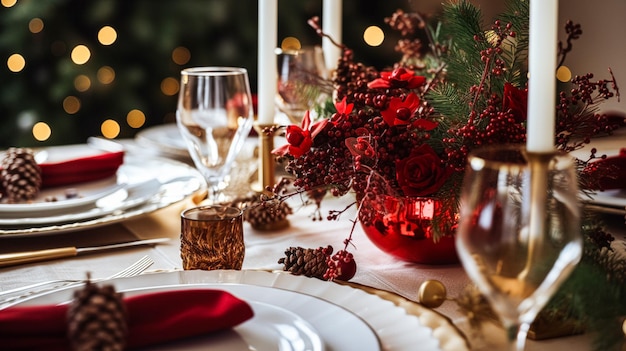 Декор рождественского стола, праздничный пейзаж и сервировка обеденного стола, официальное украшение для новогоднего семейного торжества, вдохновение для английского кантри и домашнего стиля