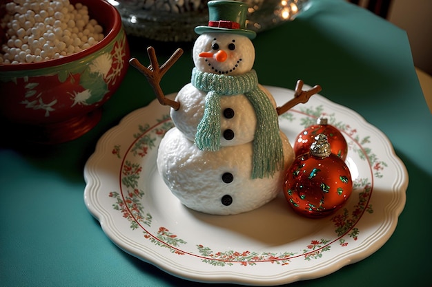 Christmas table decorations include a platter with a candy snowman