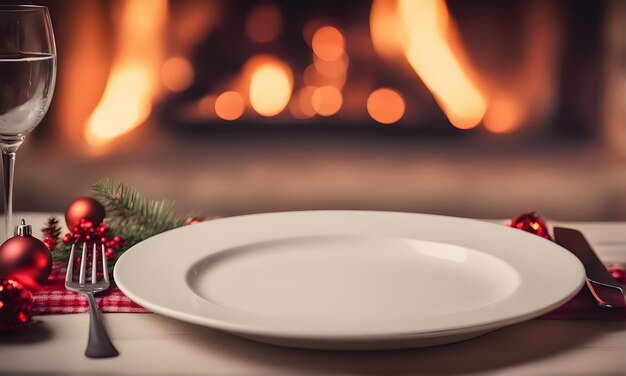 Christmas table empty plate blurred fireplace Template for your gift product or meal