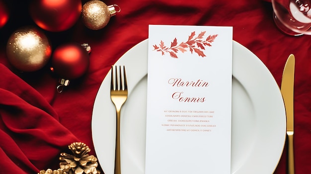 Foto modello del menu di natale con stoviglie bianche, argenteria e decorazioni sullo sfondo vista superiore