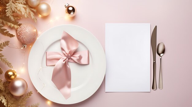 Foto progetto di menu natalizio con stoviglie bianche, argento e decorazioni sullo sfondo