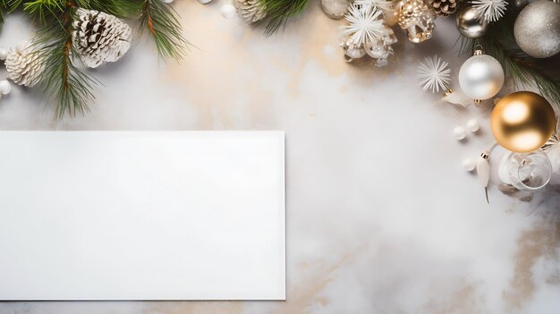 Photo christmas table menu mockup with white dishware silverware and decorations background top view